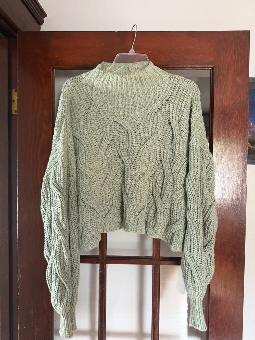 Free People Sage Green Cable Knit Cropped Turtleneck Sweater